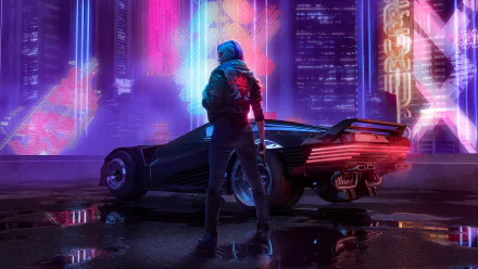 Futuristic cyberpunk scene from Cyberpunk 2077 HD wallpaper, featuring a character standing beside a sleek, high-tech car amidst vibrant neon-lit cityscape.