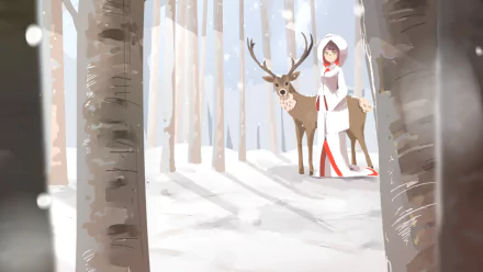 Anime-style HD wallpaper featuring a Japanese character in a wedding dress standing beside a deer in a serene snowy forest.