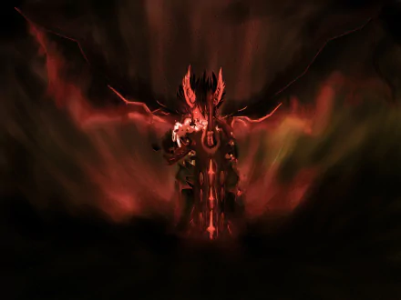 Dragon Nest video game HD PC desktop wallpaper: a dark demonic winged figure rises from swirling red smoke, glowing eyes and molten armor looming from shadow.