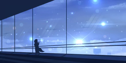 HD anime desktop wallpaper featuring a silhouette of a person gazing at a starry night sky through large windows, with a serene and dreamy atmosphere.