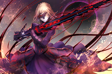 HD desktop wallpaper featuring Saber Alter from the anime Fate/Grand Order, holding a dark, glowing sword amidst a dynamic, fiery backdrop.