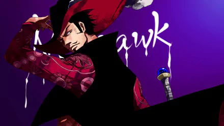 HD anime desktop wallpaper featuring Dracule Mihawk from One Piece with a striking purple background and his sword visible by his side.