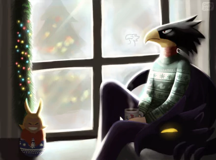 Fumikage Tokoyami from My Hero Academia sits by a window in a cozy sweater, holding a cup, with soft light and holiday decorations in a 4K Ultra HD anime desktop wallpaper.