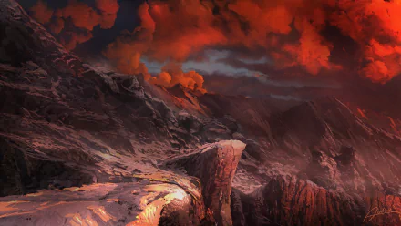 A dramatic fantasy landscape featuring rugged rocky cliffs under a fiery red sky, rendered in stunning 4K Ultra HD for a PC desktop wallpaper background.