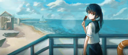 Original anime beach summer 2K Quad HD PC desktop wallpaper/background: schoolgirl in uniform on a yacht railing, eating ice cream and gazing at the sea and beach under a bright summer sky.