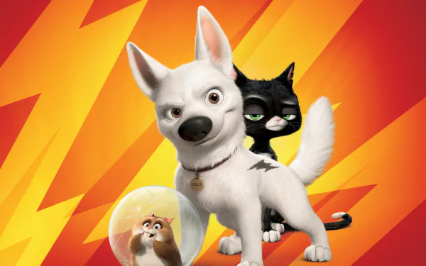 Bolt movie 4K Ultra HD PC desktop wallpaper: white dog Bolt stands with Mittens the cat and Rhino the hamster in his ball against a red-yellow lightning backdrop.