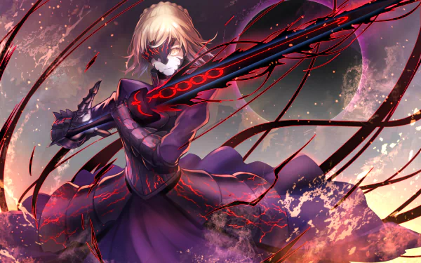 HD desktop wallpaper featuring Saber Alter from the anime Fate/Grand Order, holding a dark, glowing sword amidst a dynamic, fiery backdrop.