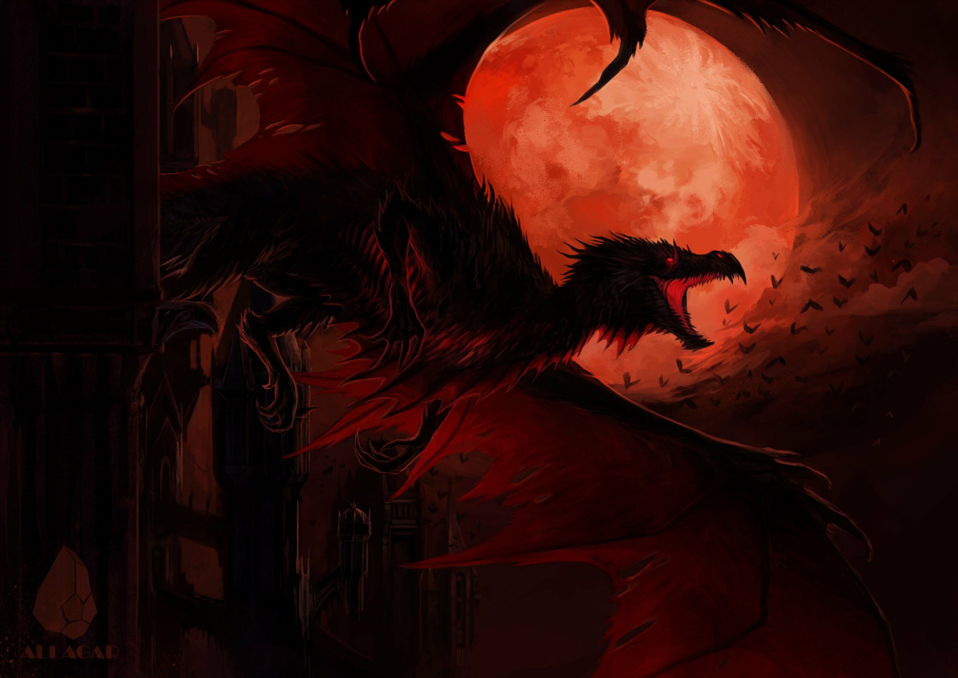 Fantasy red dragon 2K Quad HD PC desktop wallpaper: a snarling crimson dragon silhouetted against a blood-red moon, wings unfurled over a ruined city as bats scatter.
