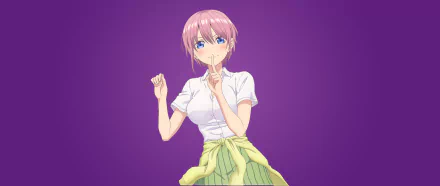 HD desktop wallpaper featuring Ichika Nakano from 5-Toubun no Hanayome (The Quintessential Quintuplets). Ichika stands against a purple background, holding a finger to her lips, wearing a white shirt and yellow-green skirt.