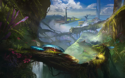 HD PC desktop wallpaper depicting a vibrant sci-fi landscape with towering futuristic structures, lush vegetation, and a misty valley under a dynamic sky.