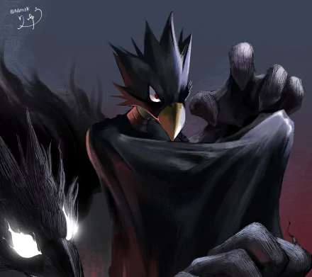 HD desktop wallpaper featuring Fumikage Tokoyami from My Hero Academia, depicted in dark tones with his distinctive bird-like appearance and shadow powers.