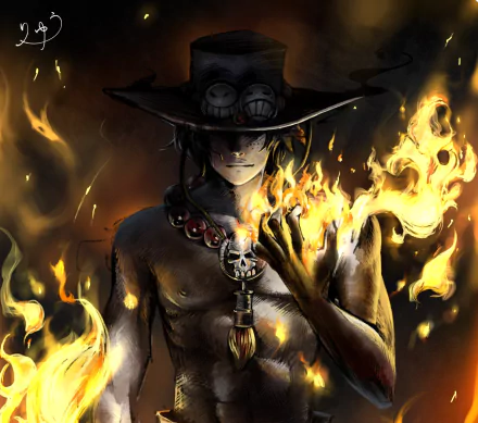 HD desktop wallpaper featuring Portgas D. Ace from the anime One Piece, showcasing him holding flames with a fiery background, highlighting his intense and powerful demeanor.