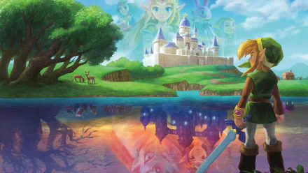 HD desktop wallpaper featuring Link from the video game The Legend of Zelda: A Link Between Worlds, standing by a reflective lake with a castle and forest in the background.