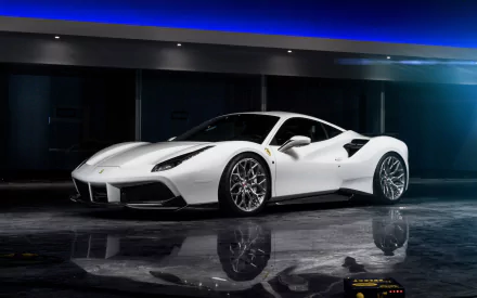 Sleek white Ferrari 488 GTB Siracusa supercar showcased in a modern, reflective indoor setting, captured in HD for a striking PC desktop wallpaper.