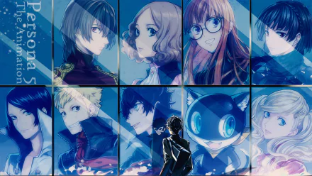 HD wallpaper featuring characters from Persona 5, including Goro Akechi, Haru Okumura, Futaba Sakura, and others, set against a striking background.
