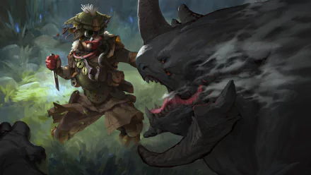 HD desktop wallpaper of Bloodhound from Apex Legends facing a large, menacing creature in a forest setting, showcasing vibrant and detailed artwork.