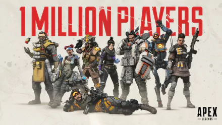 HD desktop wallpaper featuring Apex Legends characters Bloodhound, Gibraltar, Wraith, Pathfinder, Bangalore, Mirage, Lifeline, and Caustic celebrating 1 million players.