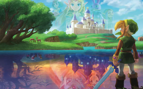 HD desktop wallpaper featuring Link from the video game The Legend of Zelda: A Link Between Worlds, standing by a reflective lake with a castle and forest in the background.