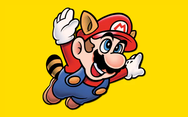 2K Quad HD PC desktop wallpaper of Mario from the Super Mario Bros. 3 video game, in his raccoon suit flying against a bright yellow background.