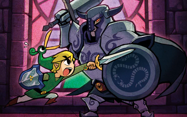 HD desktop wallpaper featuring Link from The Legend of Zelda: The Minish Cap in an intense battle with a dark armored foe inside a stained-glass castle setting.