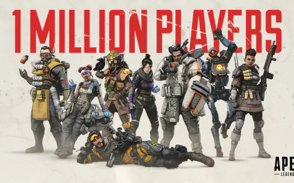 HD desktop wallpaper featuring Apex Legends characters Bloodhound, Gibraltar, Wraith, Pathfinder, Bangalore, Mirage, Lifeline, and Caustic celebrating 1 million players.