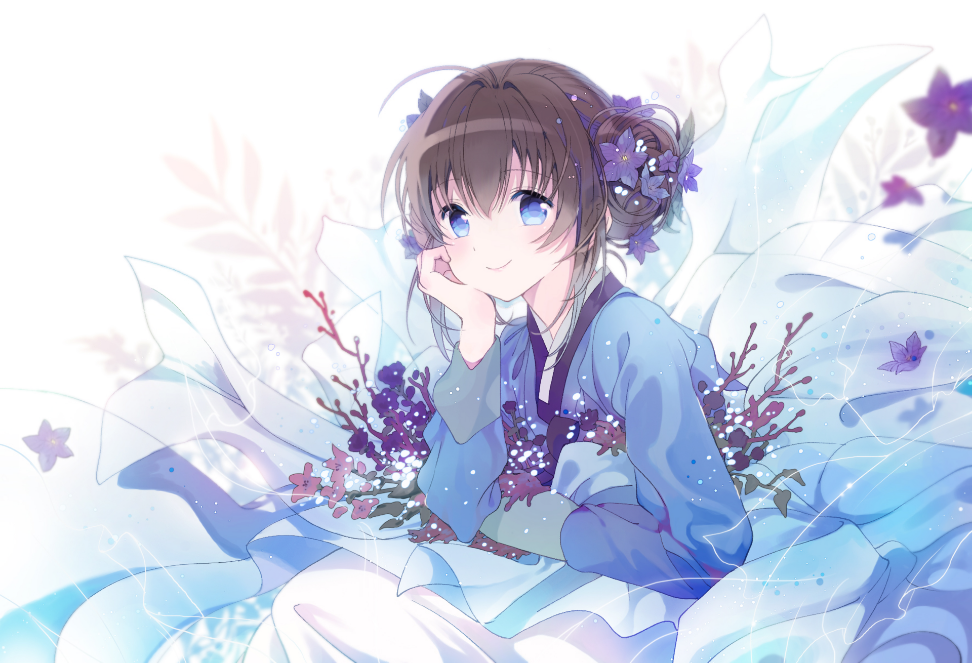 HD desktop wallpaper of an original anime character, featuring a girl with blue eyes and brown hair adorned with purple flowers, set against a pastel background with floral accents.