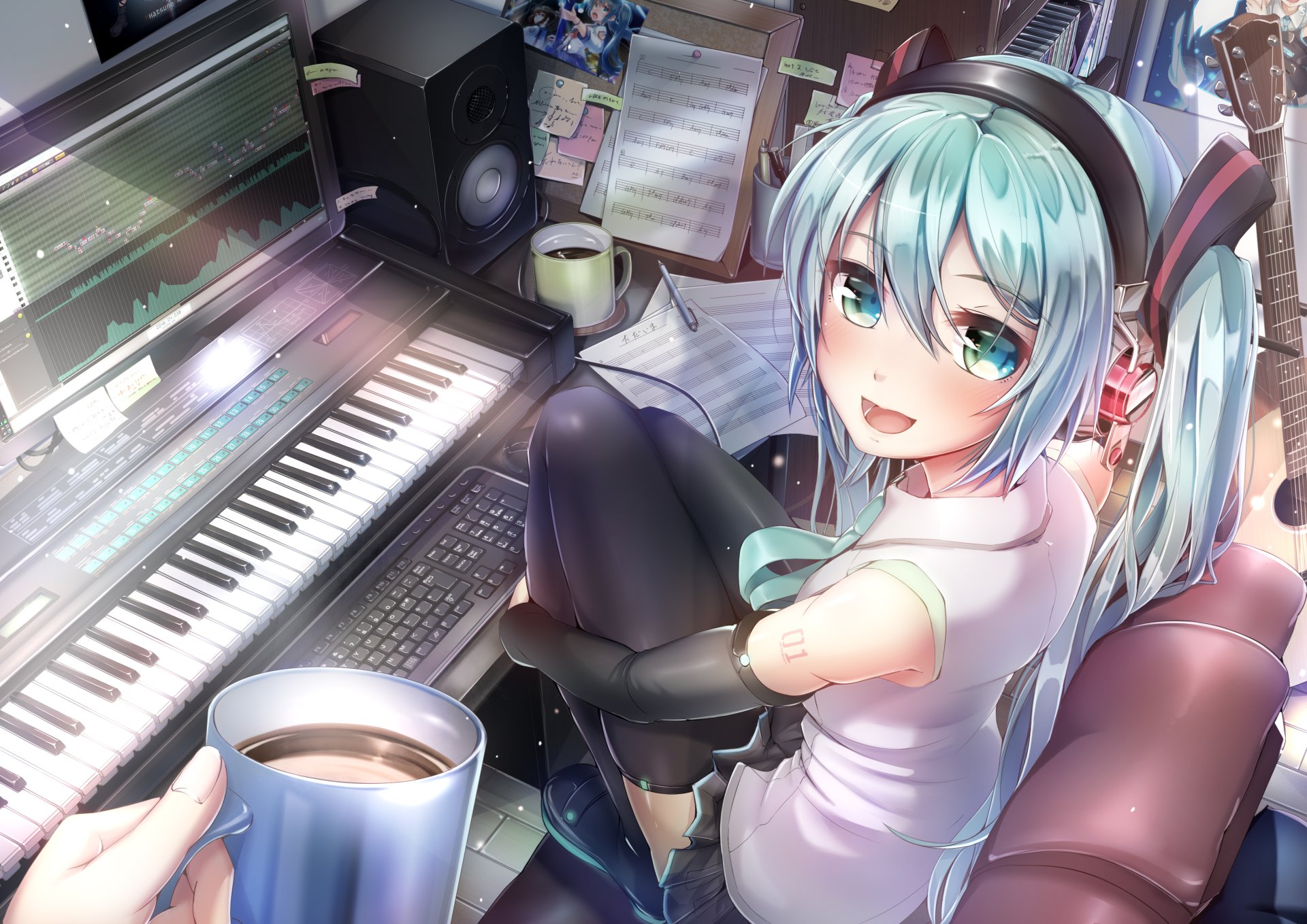 HD desktop wallpaper featuring Hatsune Miku from Vocaloid, shown in an anime style sitting in a music studio with a keyboard, monitors, and a hand holding a cup of coffee in the foreground.