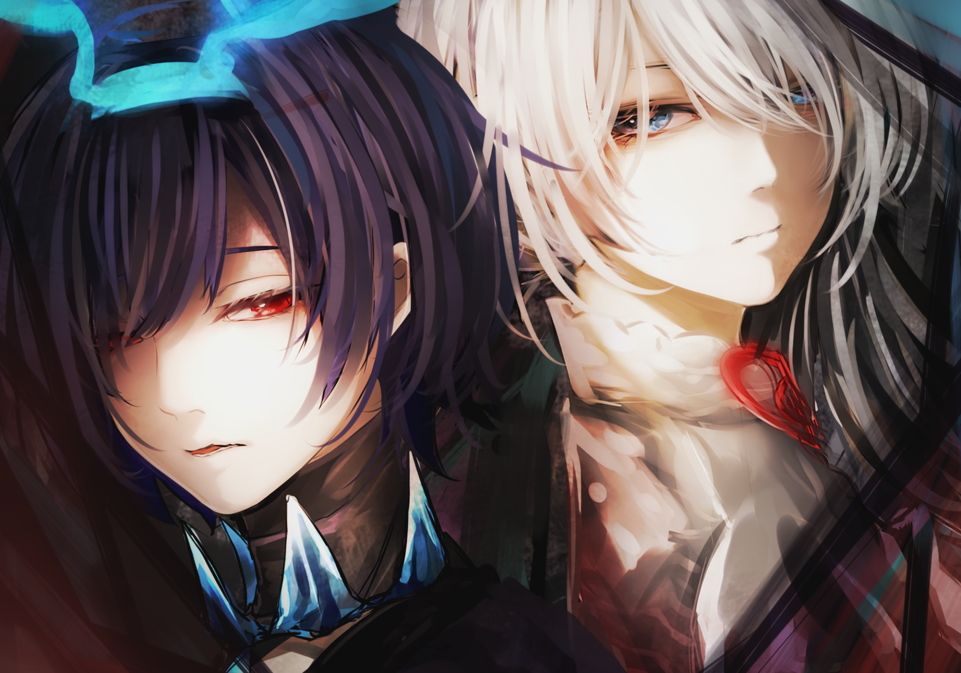 HD PC desktop wallpaper featuring Snow White and Alice from SINoALICE with striking red eyes and chokers, showcasing detailed video game-inspired character art.