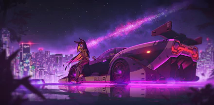 HD anime-style desktop wallpaper featuring a sleek car with illuminated wheels, set against a vibrant city skyline at night, with a character leaning on the car and a glowing purple sky above.