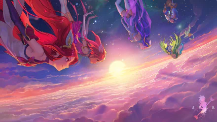 A vibrant HD desktop wallpaper featuring Star Guardians Lux, Lulu, Jinx, and Janna from the video game League of Legends, set against a radiant sunset sky above the clouds.