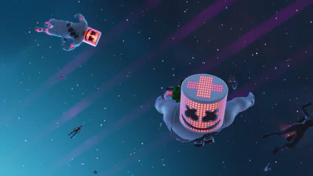 HD desktop wallpaper featuring DJ Marshmello in a Fortnite-themed setting, soaring in a vibrant night sky with other characters.