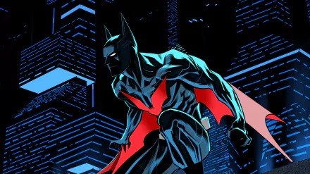 HD PC desktop wallpaper featuring Batman Beyond in a striking pose against a neon-lit cityscape from the DC Comics universe.