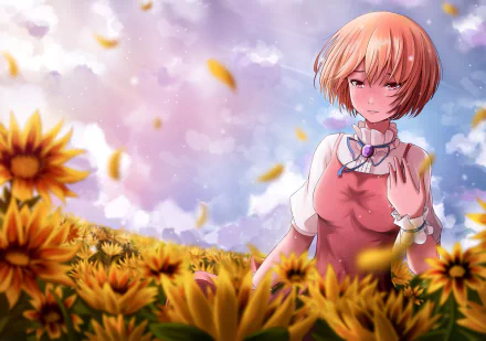 Anime-style original artwork of a short-haired character with red eyes crying amidst a sunflower field, petals drifting in a bright, detailed 4K Ultra HD background.