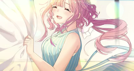 HD anime desktop wallpaper featuring Megumi Sakura from School-Live! smiling warmly with flowing pink hair and a light blue dress in soft sunlight.