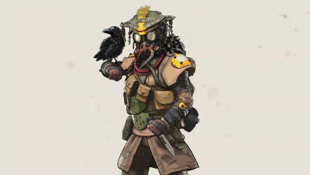 HD desktop wallpaper of Bloodhound, a character from the video game Apex Legends, showcasing detailed armor and a bird perched on their arm.