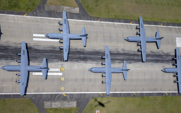 Aerial view of Lockheed Martin C-130J Super Hercules transport military aircraft parked in formation on a runway — 2K Quad HD PC desktop wallpaper.