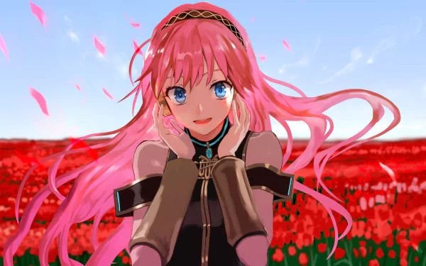 Luka Megurine from Vocaloid with flowing pink hair and blue eyes, set against a vibrant red flower field under a clear blue sky, captured in 4K Ultra HD desktop wallpaper.