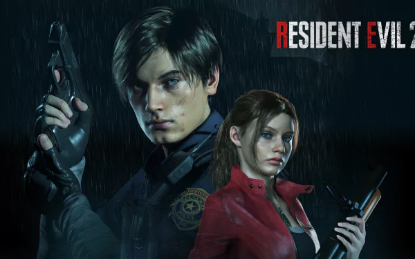 Leon S. Kennedy and Claire Redfield from the video game Resident Evil 2 (2019) stand in the rain, weapons drawn — 4K Ultra HD PC desktop wallpaper/background.