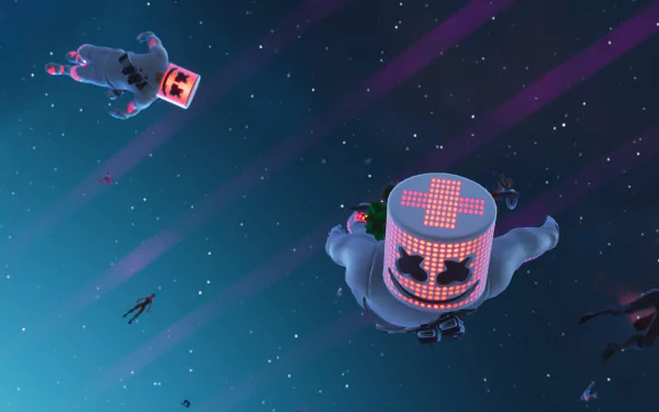HD desktop wallpaper featuring DJ Marshmello in a Fortnite-themed setting, soaring in a vibrant night sky with other characters.