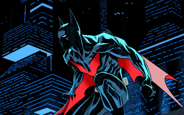 HD PC desktop wallpaper featuring Batman Beyond in a striking pose against a neon-lit cityscape from the DC Comics universe.