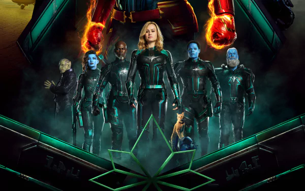 4K Ultra HD PC desktop wallpaper featuring Brie Larson as Captain Marvel alongside her team in a dramatic, sci-fi movie scene.