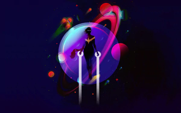 HD PC desktop wallpaper featuring a stylized, colorful silhouette of Captain Marvel against a cosmic background, blending vibrant planets and abstract elements.