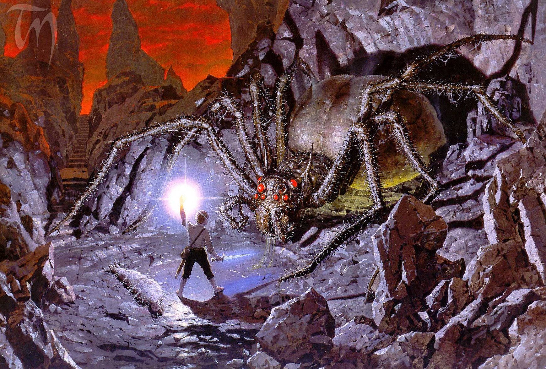 Shelob and Frodo Baggins in HD desktop wallpaper artwork by Ted Nasmith.