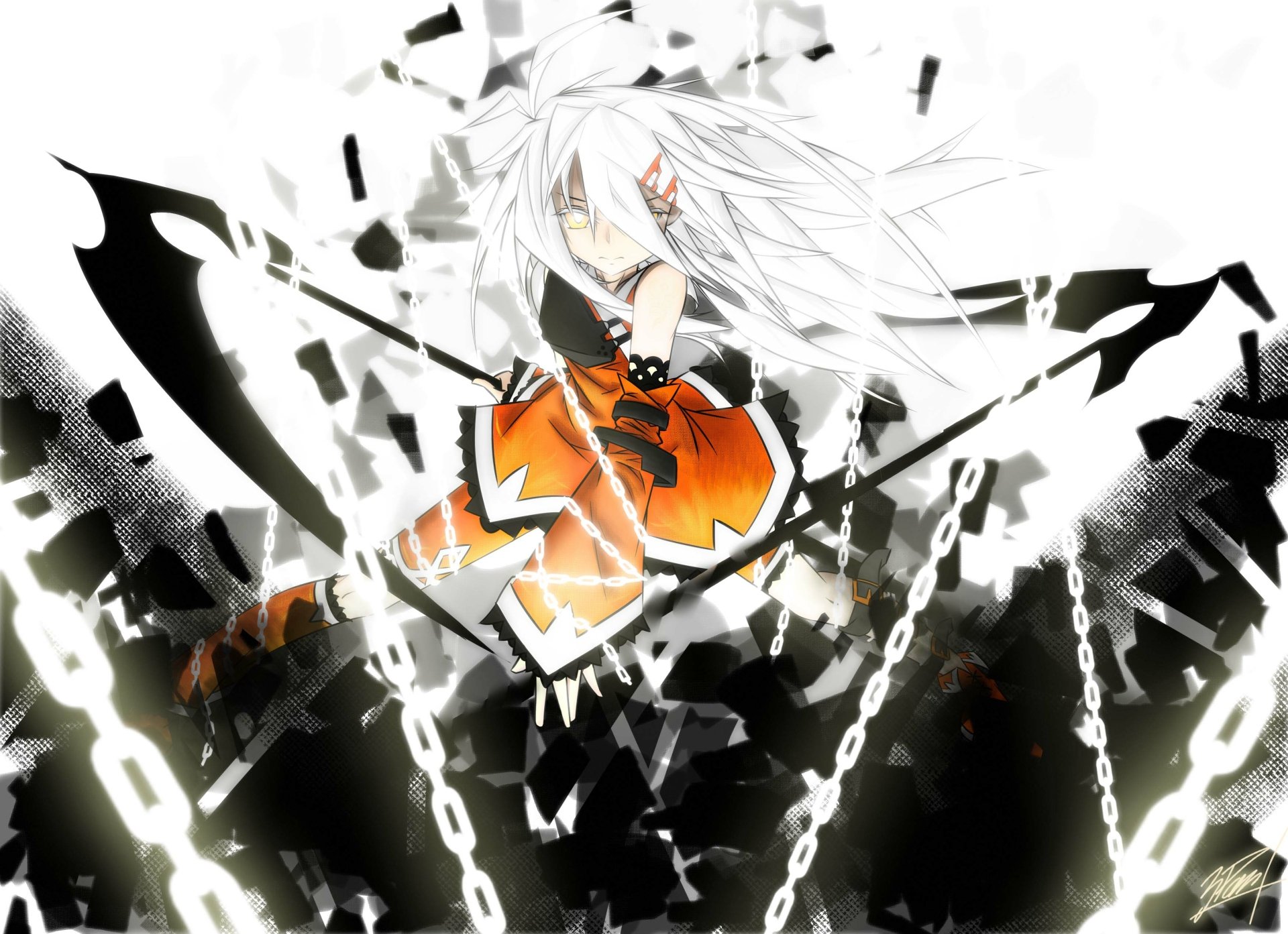 Anime-style original character with white hair and glowing eyes, dressed in orange and black, set against a dynamic, high-contrast background for HD PC desktop wallpaper.