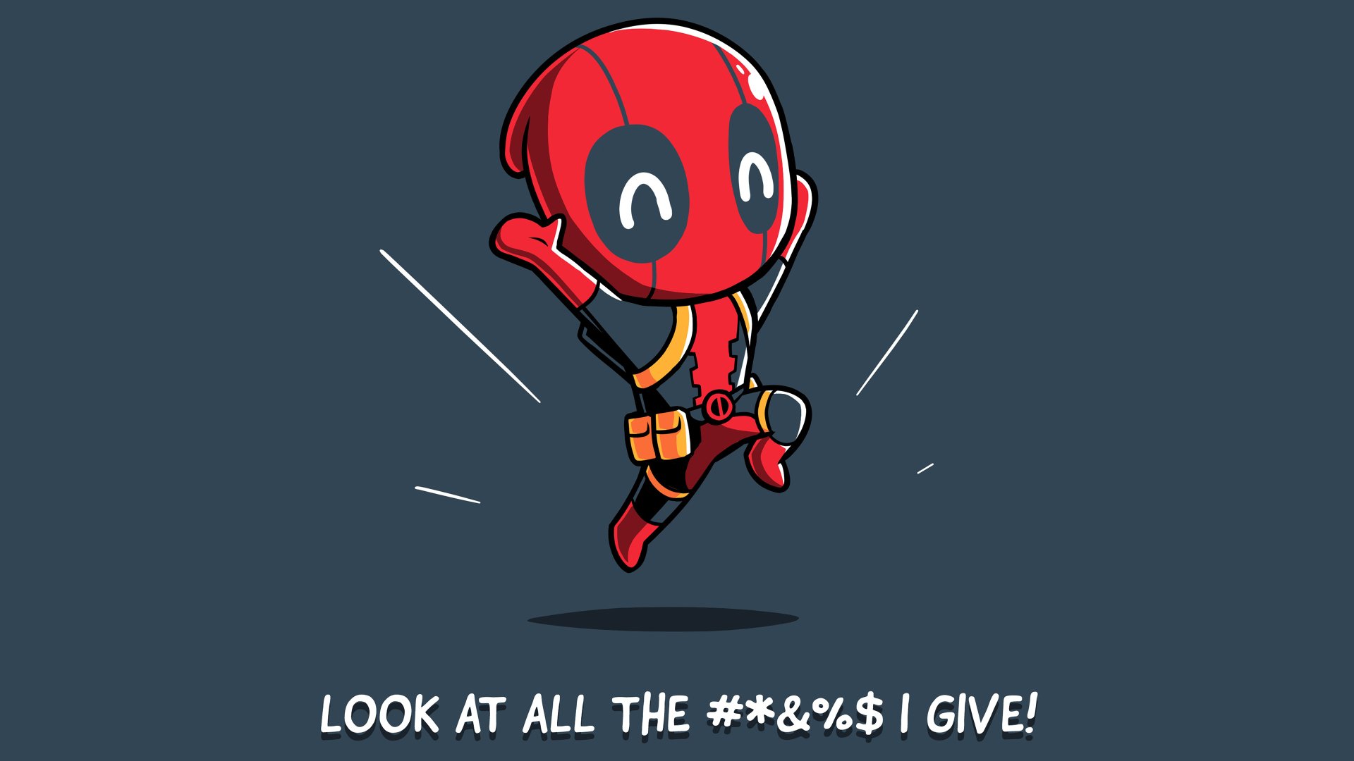 Comic-style Deadpool in vibrant 4K Ultra HD, striking a joyful pose with a humorous caption, designed as a PC desktop wallpaper and background.