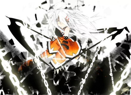 Anime-style original character with white hair and glowing eyes, dressed in orange and black, set against a dynamic, high-contrast background for HD PC desktop wallpaper.