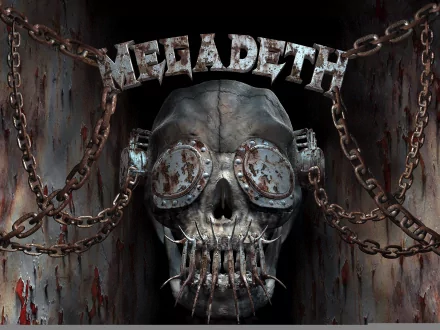 An HD desktop wallpaper featuring a stylized skull with goggles, chains, and the name Megadeth prominently displayed, capturing the essence of the iconic metal band.