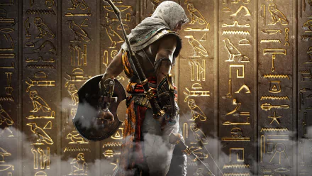 Bayek of Siwa from Assassin's Creed Origins stands with a bow and shield against a wall of glowing Egyptian hieroglyphs in this 4K Ultra HD PC desktop wallpaper.