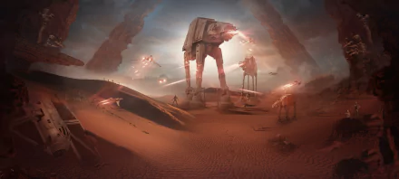 An HD desktop wallpaper featuring BB-8, C-3PO, and AT-AT Walkers in a dramatic desert landscape with sci-fi elements from Star Wars.