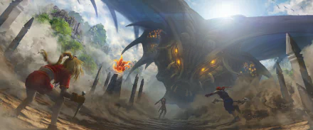 A fierce woman warrior confronts a massive, glowing-eyed fantasy creature in an epic battle amid a misty, dramatic landscape.